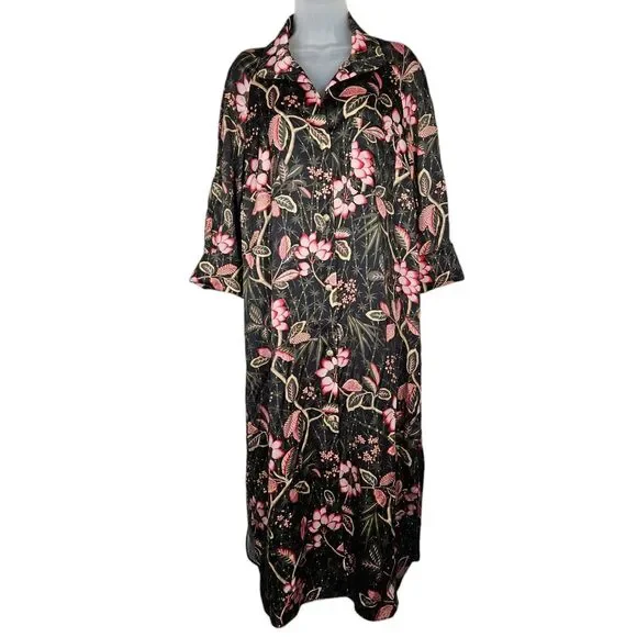 Tuckernuck Womens M Bamboo Black Floral Midi Shirt Dress Round Slits Hem Peasant - Picture 2 of 16